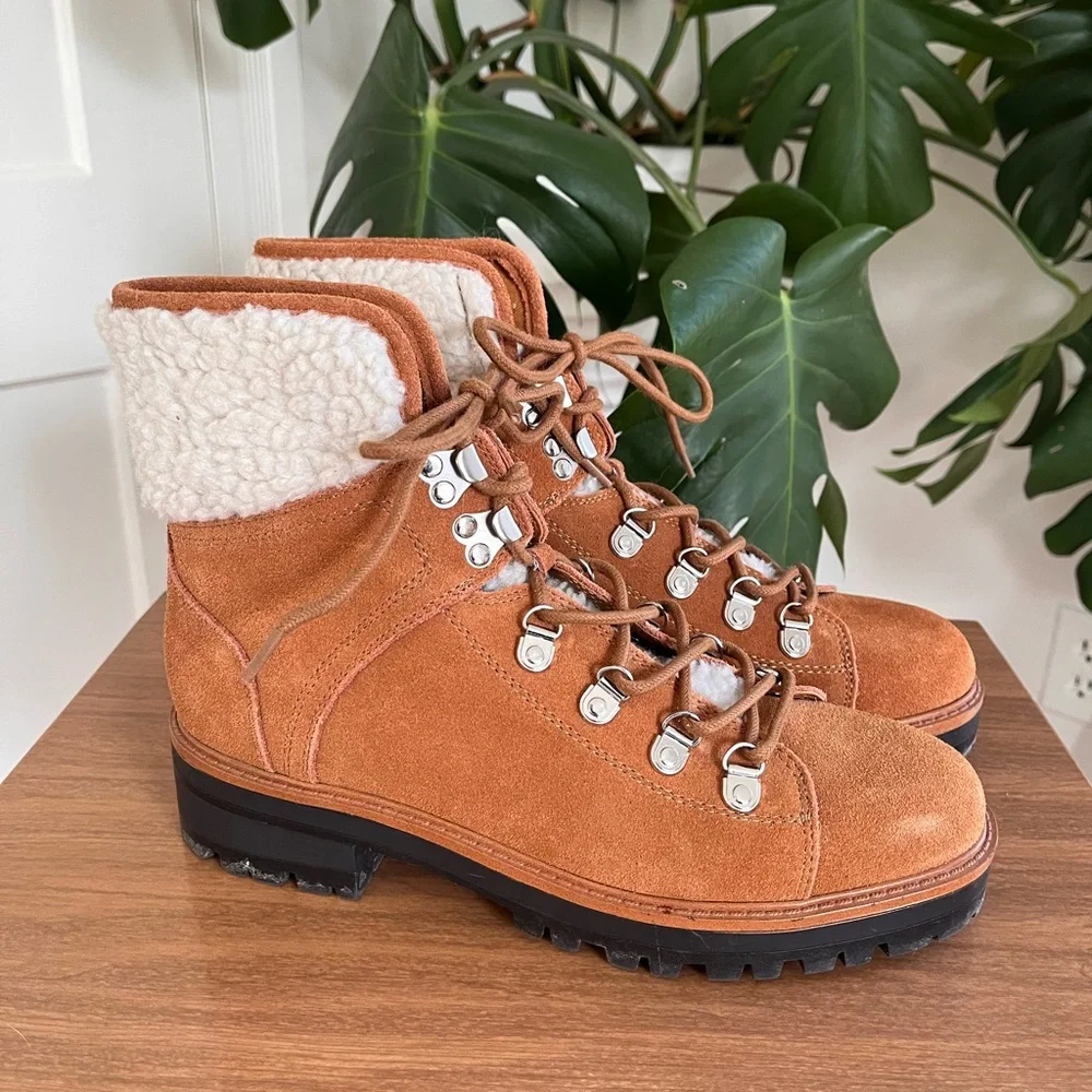 Marc Fisher Suede Hiker Boots Sherpa Lined Lace Up Lug Sole Ankle Boots Size 8.5